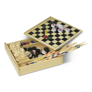 Zestaw 5 gier w drewnianym pudełku: domino, mikado, szachy, warcaby, 