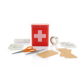 Apteczka, zestaw pierwszej pomocy; Pudełko blaszane 18 elementów, płatki antyseptyczne, bandaże, pęsety, plaster i nożyczki. Zgodność z normą EN 13485:2003
