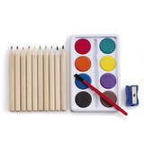Zestaw do malowania i rysowania, 10 kolorowych kredek, farby, pędzelek oraz temperówka
